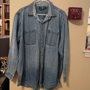 Mens XLT denim button-down shirt. Shades of stonewash denim